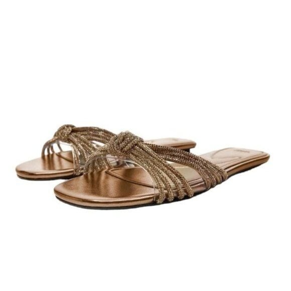 ZARA RHINESTONE FLAT SANDALS GOLDEN SIZE 7.5 | 3808/110/303 - Picture 1 of 9